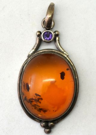 Antique Large Natural Baltic Amber And Sterling Silver Pendant 14 Grams