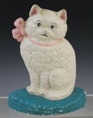 Vintage Cast Iron Fluffy White Cat Kitten With Bow Doorstop