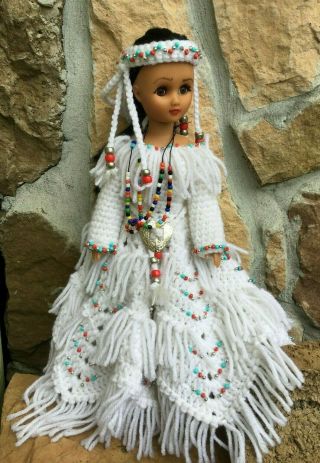 Vintage Native Indian Fiber Craft Doll Wbeaded Crochet Wedding Dress & Boots 15 "