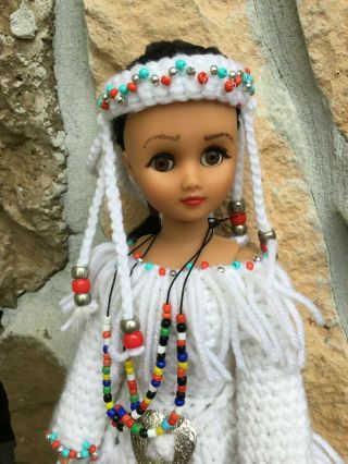 Vintage Native Indian Fiber Craft Doll wBeaded Crochet Wedding Dress & Boots 15 