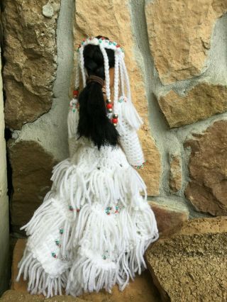 Vintage Native Indian Fiber Craft Doll wBeaded Crochet Wedding Dress & Boots 15 