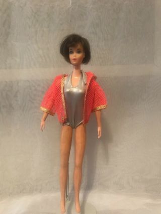 1971 Vintage Brunette Dramatic Living Barbie Doll Silver Swimsuit 1116