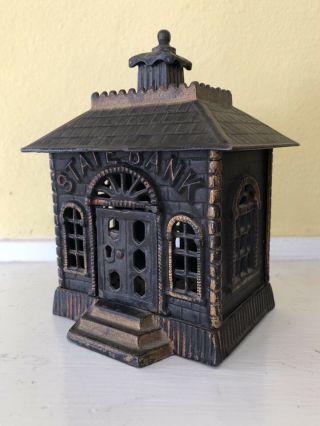 Antique 1889 4x5 Cast Iron State Bank Building Coin Bank