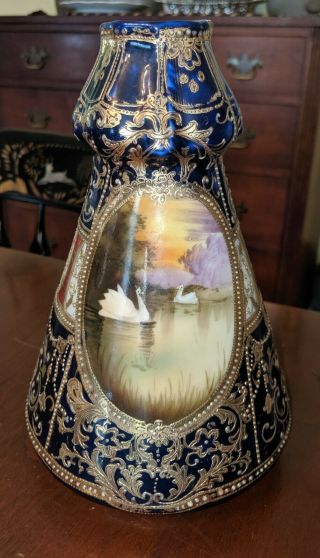 Antique Nippon Hand Painted Vase Scenic Swan Gold Gilt Decoration