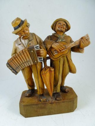 Antique German Black Forest Wood Carved Statue Figurine Musicians 7 " Tall Vtg