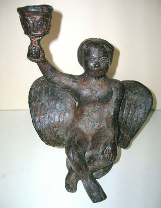 Angel Cherub Candle Holder Primitive Vintage Cast Brass Or Bronze 8.  5 " T Patina