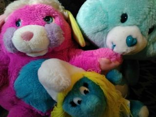 Retro Pink Prize Popple,  Vintage Smurfette,  And Wish Care Bear From 1980s