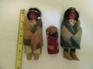 3 Vintage Skookum Bully Good Native American Indian Dolls,  6 1/2 " Papoose