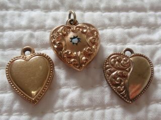 Vintage Antique Gold Filled Puffy Heart Charms Repousse Opal Gem