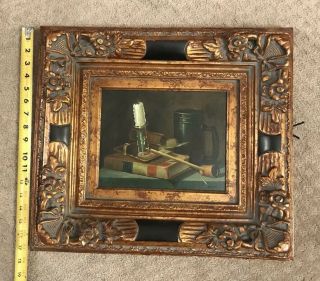 Vintage Oil Painting " Books And Clay Pipe " Baroque Gold Leaf Frame 5x4 Opening