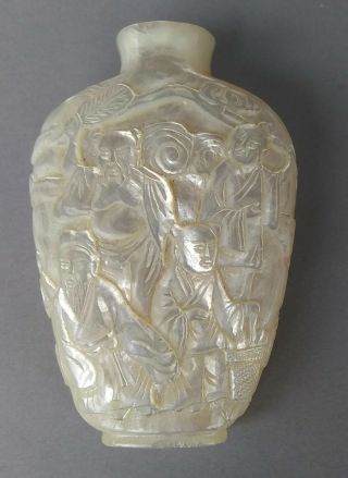 Vintage Rare Carved Mop Mother Of Pearl Chinese Snuff Bottle Shell One Piece