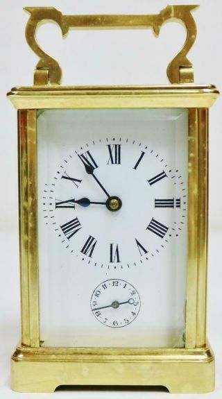 Antique French 8 Day Brass & Bevelled Glass Timepiece Carriage Clock With Alarm
