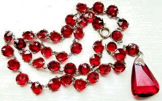 Gorgeous Antique Art Deco Cranberry Red Open Back Crystal Necklace,  Sterling