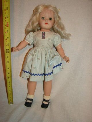 Vintage 19 Inch Hard Plastic Doll Sleep Eyes Platinum Blonde Hair Fingers Dress