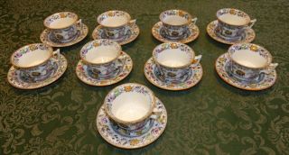 9 Antique Ashworth Bros.  Hanley Ironstone China Cups And Saucers Flying Bird