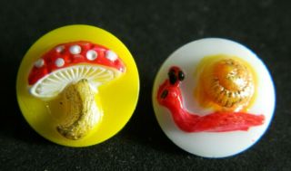 2 Vintage Glass Kiddie/childrens Buttons W Red Snail & A Red Mushroom