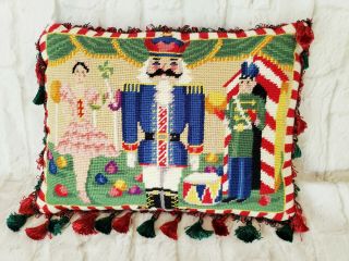 Vintage Wool Needlepoint Nutcracker Christmas Pillow With Tassels And Red Velvet