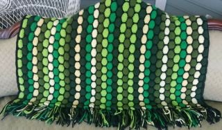 Vtg 70/80s Hand Crochet Afghan Couch Lap Blanket Throw Green Yellow Multicolor