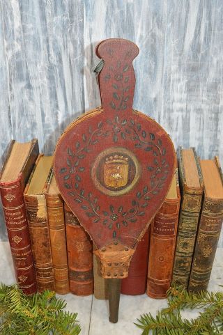 Antique English Fireplace Hearth Bellows Red Wood Crest Crown Leather Nailheads
