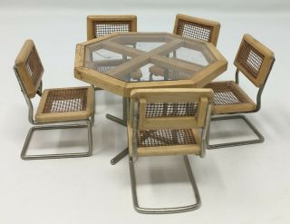 Vintage Dollhouse Miniature Hexagon Kitchen Dining Table With 5 Chairs Furniture