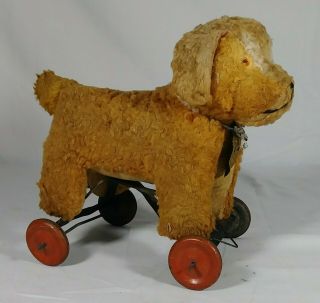 Early Steiff Stuffed Animal Dog Pull Toy With Tin Wheels Antique Estate Find