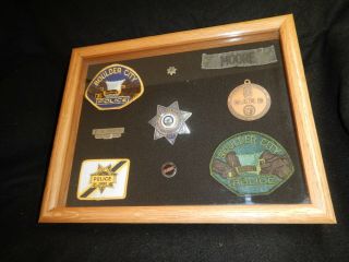 Vintage Boulder City Nv Police Patrolman Shadow Box Obsolete Badges Pins Shields