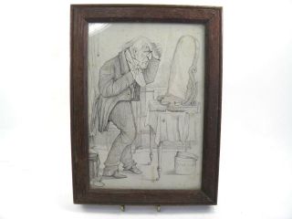 Antique 19th Century Pen & Ink Drawing Portrait Of A Gentleman Getting Dressed