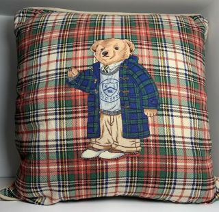 Vintage Ralph Lauren Polo Bear Collegiate Plaid Pillow 17 " X 17 "