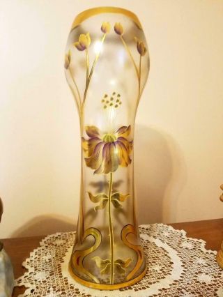 16 " Antique Art Nouveau Deco Hand Painted Art Glass Vase