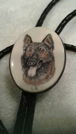 Scrimshaw German Shepherd Head Bolo With Antique Silver Ends On Leather