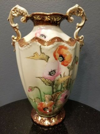Antique Imperial Nippon Hand Painted Poppy Flowers Vase Gold Moriage 9.  25 "