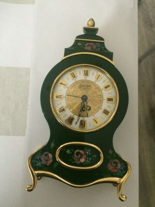Petite Old French Empire Style Green Gilded Desk / Mantle Alarm Clock 6 " High