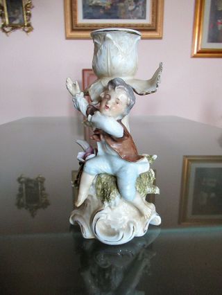 Vtg Antique German Dresden Figural Porcelain Candle Holder Figurine Hp Gilded