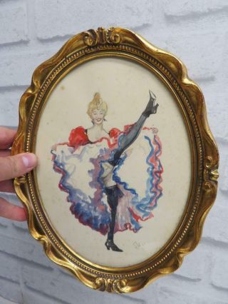 REALLY old painting can can dancing girl signed 4