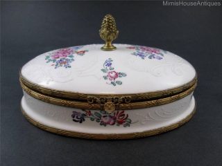 8 " Oval Hinged Box - Hand Painted French Porcelain - Embossed,  Gilt Acorn Finial