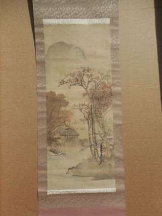 Estate Find Antique Chinese Or Japanese Scroll Painting - Landscape W/ Huts & Mt