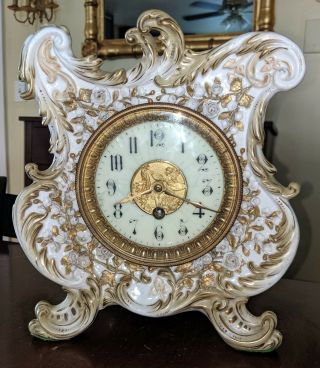 Antique French Mantel Clock Porcelain Case Applied Floral Decoration