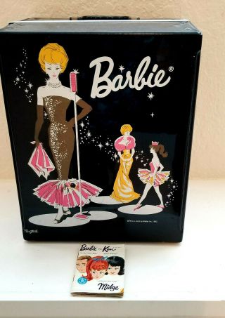 Vintage 1962 Barbie Doll Black Double Trunk Carrying Case With Hangers & Booklet