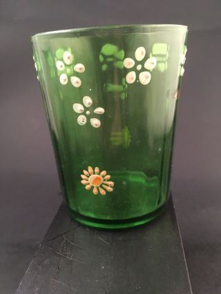 Antique Eapg Coudersport Glass Tumbler Green Paneled With Enamel Hand Painted