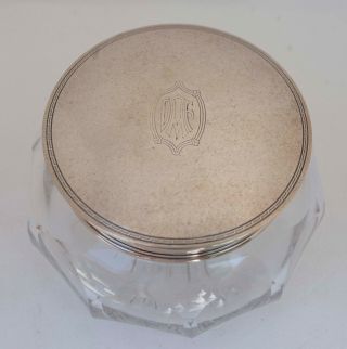 Sterling Silver Cut Glass Dresser Powder Vanity Jar 3.  5 " Tall X 5.  5 " Wide