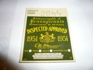 1951 Pennsylvania Inspection Sticker Pa Penna - May - Oct Antique -