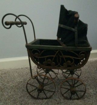 Antique Victorian Style Doll Buggy Wood,  Wicker,  Canvas,  Metal
