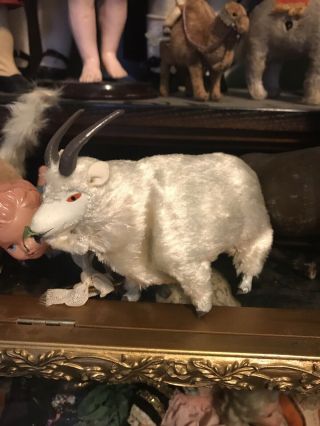 RARE Antique Tin & White Mohair Wind Up Toy Walking Goat Ram W Leaf 2