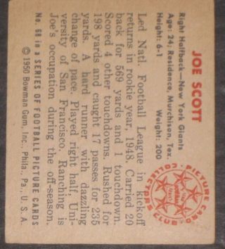 1950 Bowman JOE SCOTT Football Card 68 Vintage Antique York Giants 2