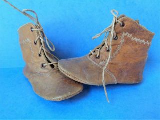Antique 1900s Baby Shoes For Large Doll Brown Leather Laceup For French German