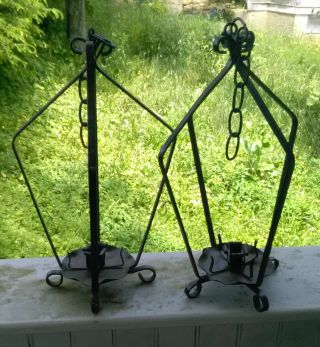 Pair Vintage Black Iron Hanging Candle Holders Outdoors Garden Patio