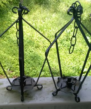 Pair Vintage Black Iron Hanging Candle Holders Outdoors Garden Patio 2