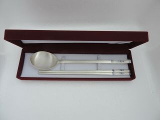 Vintage Korean Solid Sterling Silver & Enamel Spoon Chopstick Set 112 Gr 3.  95 Oz