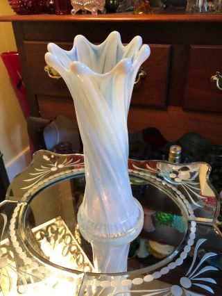 Antique Dugan Wide Rib Carnival Glass White Opalescent Swung Vase