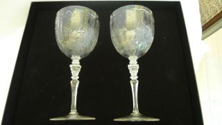 Set Of 2 (TWO) Antique Etched Cut Crystal Water Goblets / Wine Glasses. 2